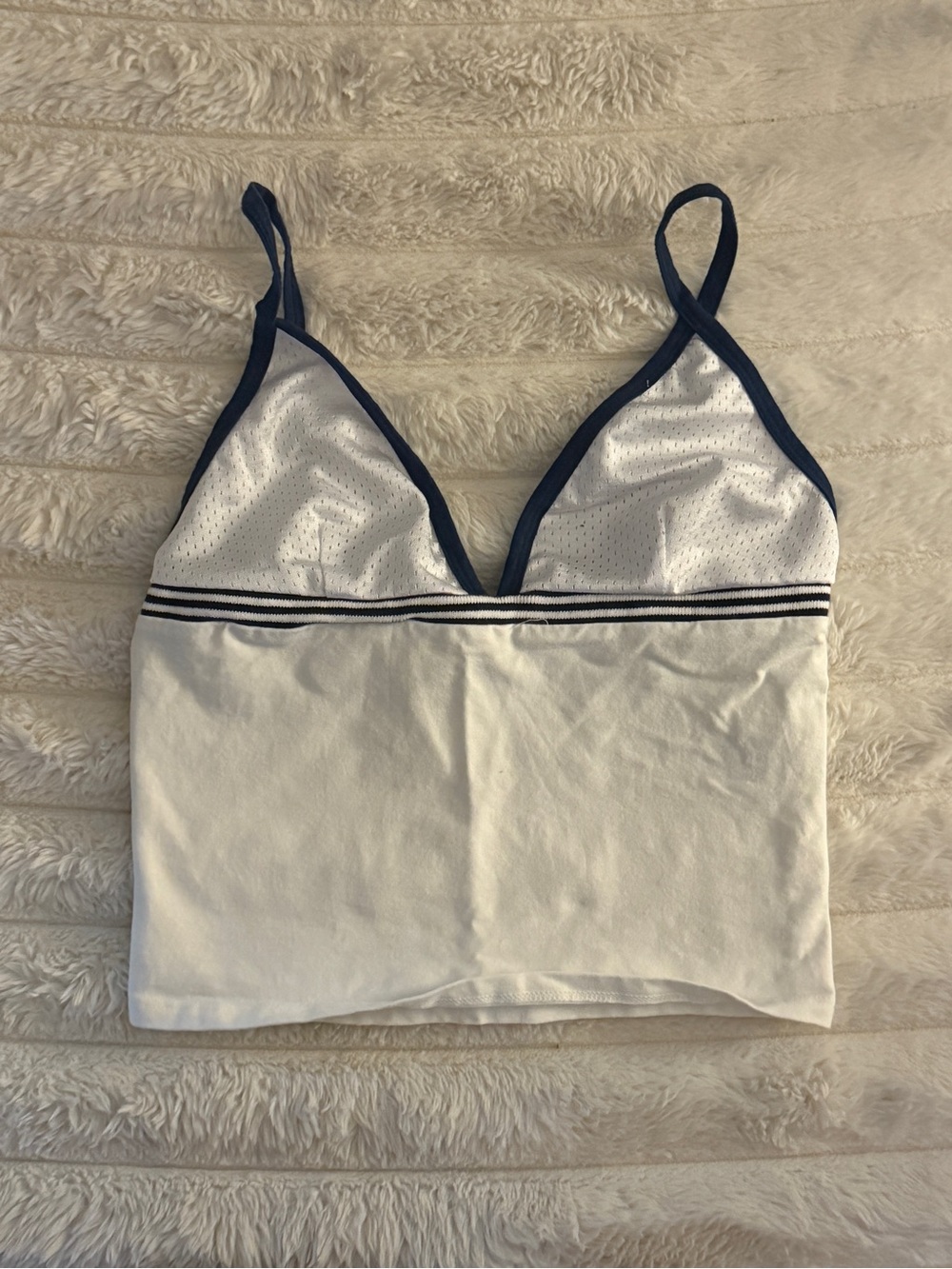 White Cropped Bralette Tank with Navy Trim